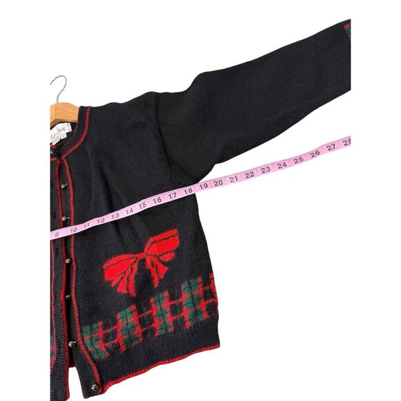 Austin Hill 100% Wool Button Front Cardigan Black Red Holiday Bows Sweater M - Picture 7 of 8